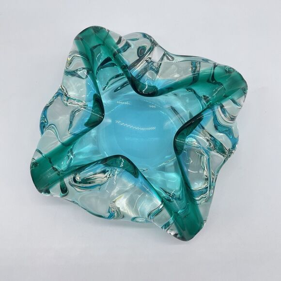 Murano Style Art Glass Ashtray Bowl Green Blue Sommerso Mid Century Heavy Piece - Picture 4 of 8